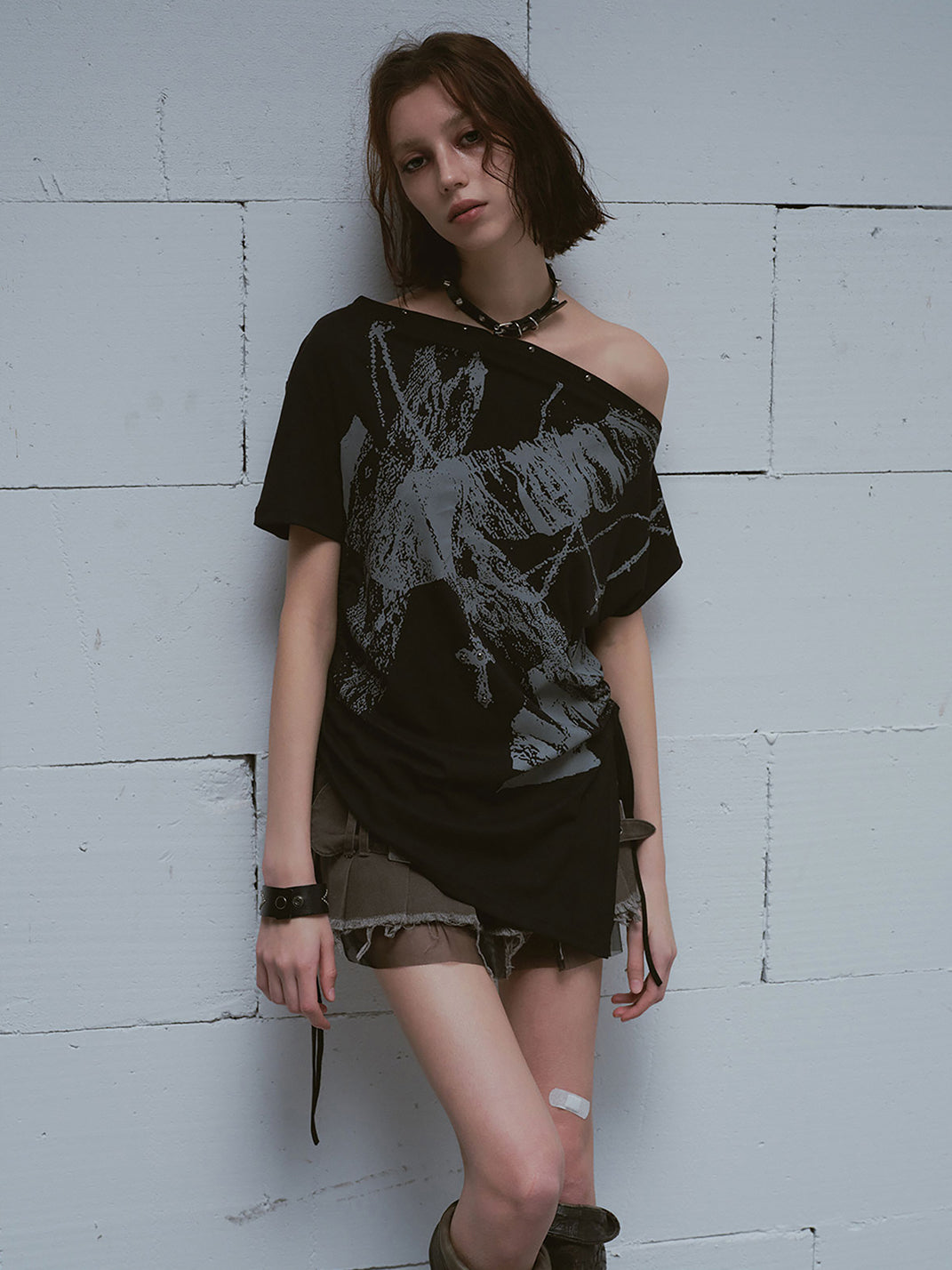 CestNous|Off Shoulder Drawstring Oversize Print Tee-Black - PSYLOS 1, CestNous|Off Shoulder Drawstring Oversize Print Tee-Black, T-Shirt, CestNous, PSYLOS 1